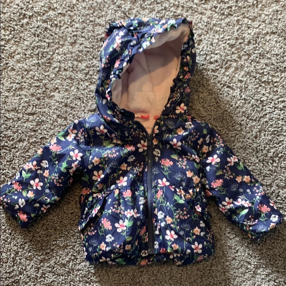 Penelope Mack Floral Raincoat - Navy and Pink Size 12 M EUC